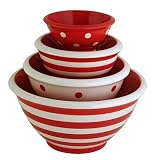 Ronnie's Terramoto Ceramic, 4-Piece Mixing Bowl Set, 4qt, 2qt, 1qt, Small Bowl, Stripes & Polka Dots, Tomato Red