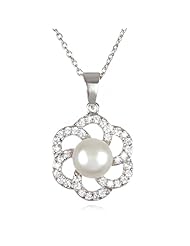Freshwater Pearl Pendant with Floral Frame-18"