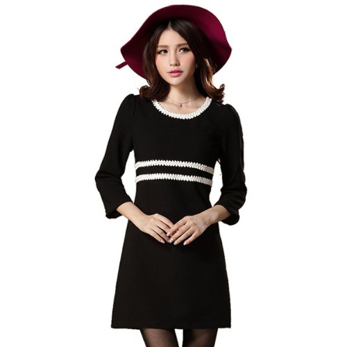 （ノーブランド品）7分袖フレアワンピース ブラック LTグリーン LL 3L 4L 5L 大きいサイズ