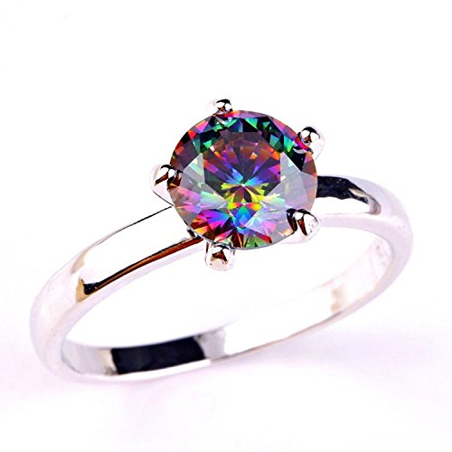 Psiroy 925 Sterling Silver Stunning Created Gorgeous Women's 8mm*8mm Round Cut Rainbow Topaz Solitaire Filled Ring