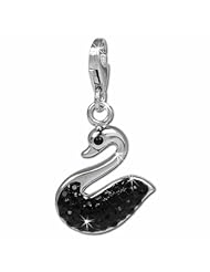 SilberDream Glitter Charm black swan with black Czech crystals 925 Sterling Silver Charms Pendant with Lobster Clasp for Charms Bracelet, Necklace or Earring GSC523S