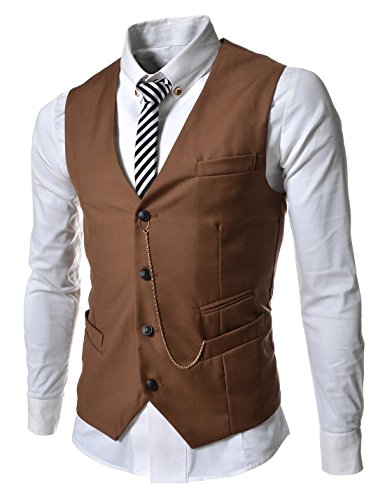 TheLees (GVE) Mens Business Slim Fit Chain Point 4 Button Vest Waist Coat Brown US S(Tag size L)