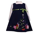 IMAGE OF Size-4 BNJ-0368X 2-Piece NAVY-BLUE PULL-THRU RIBBON SEQUIN 'Holiday Tree' CORDUROY JUMPER Special Occasion Holiday Dress Set,X20368 Bonnie Jean TODDLERS