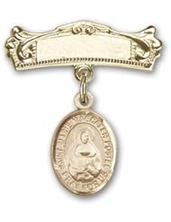 Gold Filled Baby Badge with Marie Magdalen Postel Charm and Arched Polished Badge Pin
