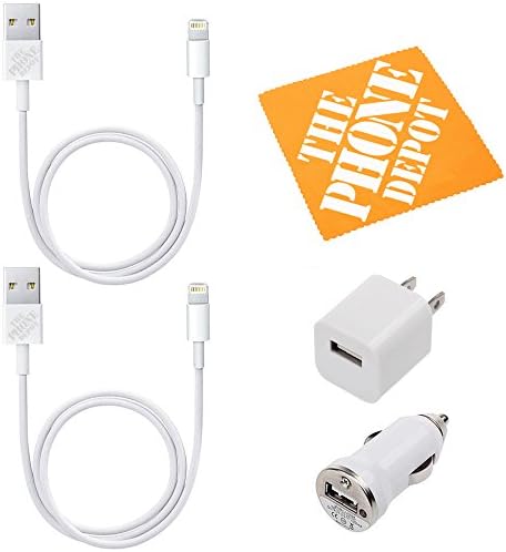 Phone Depot 2x High Quality USB Cable+Wall Adapter+Car Charger for iPhone 5/5S/5C, iPad Air/4/Mini, iPod Touch 5, iPod Nano 7 (White)
