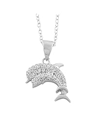 Sterling Silver Cubic Zirconia Mother And Baby Dolphins Necklace (18 inch)