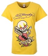 Ed Hardy Womens Rhinestone T-Shirt Death of Love Yellow
