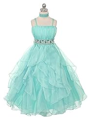 Girls Portrait Neck Sleeveless  Lace Beaded Belted Organza Flower-Girl Dress/Pageant Dress/Wedding Dress  With Ruffles