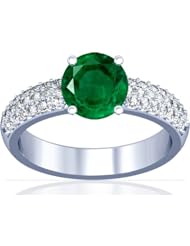 18K White Gold Round Cut Emerald Ring With Sidestones