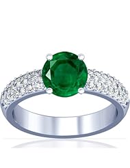14K White Gold Round Cut Emerald Ring With Sidestones
