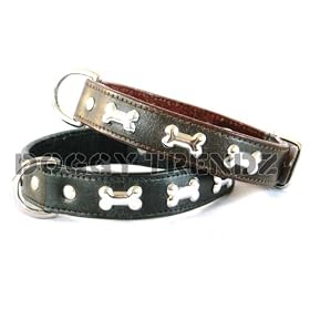 18" BROWN REAL LEATHER DOG COLLAR BONE DESIGN SUEDE PADDED