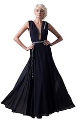 Plunging Neck Beaded Chiffon  Dress