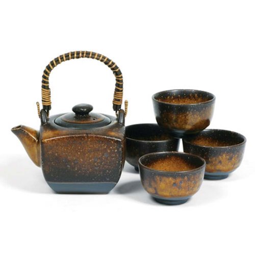"Japanese Stoneware Tea Set Gift Set with Tea Pot and Four Cups, Brown Crackle" "Japanese Stoneware Tea Set Gift Set with Tea Pot and Four Cups, Brown Crackle"