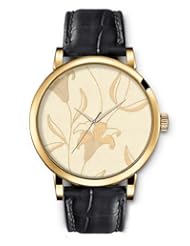 SPRAWL Aanalog Fashion Series Gold Ladies Watches of Genuine Black Leather Strap,Unique Wrist Watch for Women Girls Designed with Drawing lily flowers on beige background