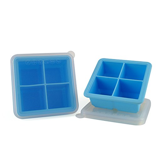 MIREN 2 Inch Large Premium Silicone Ice Cube Tray with Lid,4 Cube,Set of 2,Blue