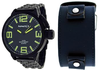 Nemesis #ST040Y Men's Black IP Russian Diver Watch with Changeable Black Premium Wide Leather Strap
