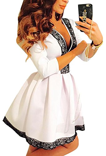 FANCYINN Women Deep V-neck Lace Patchwork Skater Mini Cocktail Dress