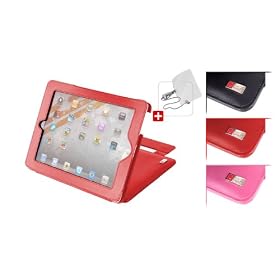 DURAGADGET Leather Stand/Case for iPad2 Apple iPad 2 with Magnetic Sleep/Wake Function, Car Charger and Screen Protector - Red