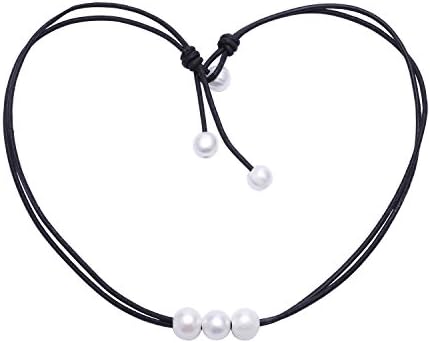 MAIMANI Double Strand Freshwater Pearl Necklace with Handmade Genuine Leather Cord 18 Inches Black