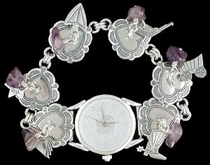 Southwestern Scalloped Heart Link Watch with Gemstones of Fluorite and Horse, Star and Boot Charms in Sterling Silver, #1686