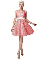 Modest A-line V-neck Knee Length Short Lace Fitted  Dress