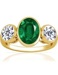 18K Yellow Gold Oval Cut Emerald Three Stone Ring