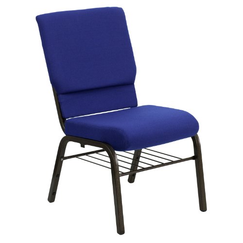 Flash Furniture XU-CH-60096-NVY-DOT-BAS-GG Hercules Series Wide Navy Blue Dot Patterned Church Chair with Book Rack/Gold Vein Frame On Sale