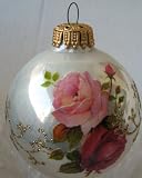 Christmas by Krebs Sphere Round Christmas Tree Ornament with Roses and Gold Glitter - Hand Decorated Glass with Crowns - Single Ornament Krebs Hand Decorated Glass Ornament Victorian Rose