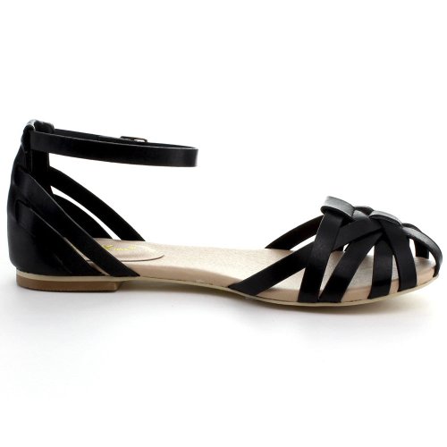 Mixx Shuz BRADY Women Strappy Caged Vamp Buckle Ankle Strap Comfort Flat Sandals, Color:BLACK, Size:5.5