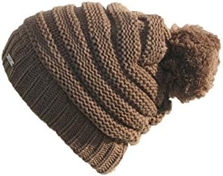 Cable Knit Pom Pom Thick Slouch Hat (One Size, Taupe)