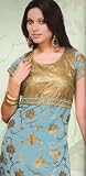 Light Blue Faux Crepe Traditional Kameez Unstitched Dress Material with Churidar