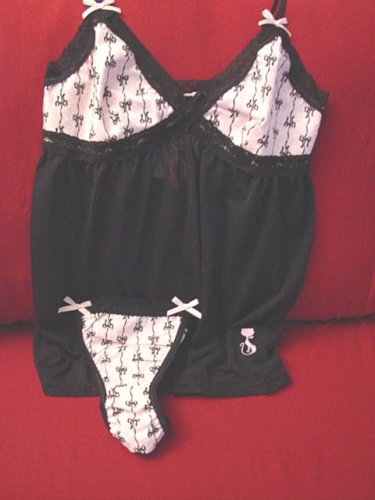 French Kitty Diva Baby Doll Night Gown Panty Set Sheer Black with Black Lace and Pink Bow - Sexy French Style Lingerie from French Kitty