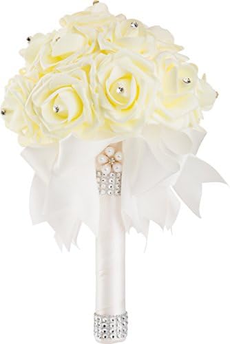 Handmade White Wedding Bouquet by WorldofWeddings - Artificial Ivory Foam Rose Bridal Bouquet for Weddings