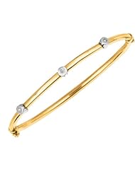Silver Yellow Plated Polish 7.25" 3.0mm Round Tube Bangle With .03 Carat Diamond And Fancy Side Clasp