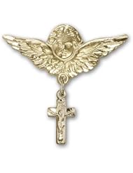 Gold Filled Baby Badge with Crucifix Charm and Angel with Wings Badge Pin