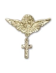 14K Gold Baby Badge with Crucifix Charm and Angel with Wings Badge Pin