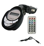 Ex-Pro In Car MP3 Player Wireless FM Modulator Transmitter Tuner with Remote and LCD Display 200 Channels USB and Audio Input Supports Ipod, All Mp3 Platers, USB Slot for drive Flashdrive upto 8GB Pen and SD / MMC Memory cards. Play MP3 files directly from a USB flash drive, SD memory card and MP3 Player