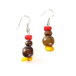 Red and Yellow Bamboo Coral with Tropical Wood Beads Dangle Earrings