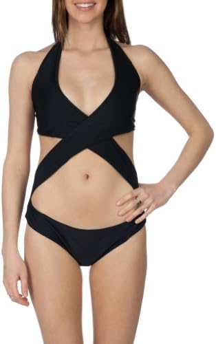 Womens Exclusive Unique Cut Cross Over Monokini Swimsuit Black Print Medium