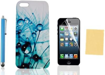 Nccypo Blue Plant with Dewdrop Bling Rhinestones Diamonds Hard Back Cover Case Compatible for iphone 5/ 5S, Include Screen Protectors, Stylus and Cleaning Cloth