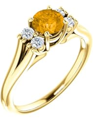 18K Yellow Gold 5.00mm Round Cut Citrine and Diamond Ring -- LIFETIME WARRANTY