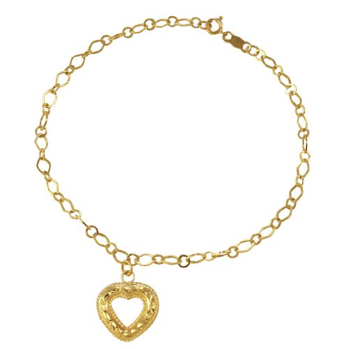  10k Yellow Gold Puffed Diamond Cut Dangle Heart Bracelet