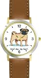 Pug Dog Cartoon or Comic - JP Animal - WATCHBUDDY&reg; DELUXE TWO-TONE THEME WATCH - Arabic Numbers - Brown Leather Strap-Size-Children's Size-Small ( Boy's Size & Girl's Size )