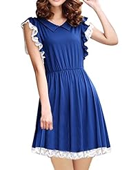 Cotton Short Sleeves Lace  Elasticized   Waistline Above the Knee  Dress With Ruffles