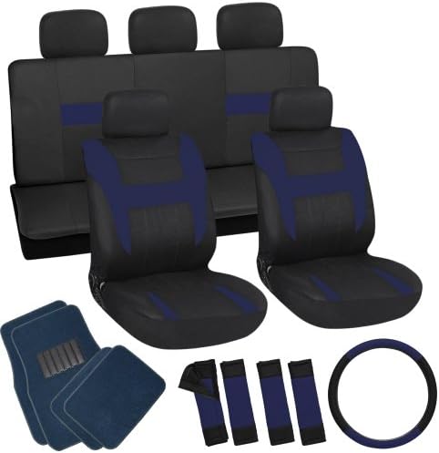 OxGord 21pc Black & Blue Flat Cloth Seat Cover and Carpet Floor Mat Set for the Suzuki Esteem Sedan, Airbag Compatible, Split Bench, Steering Wheel Cover Included