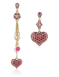 Betsey Johnson "Hanging Hearts Boost" Pave Heart Mismatch Drop Earrings