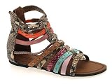 WOMENS GLADIATOR FLAT SANDALS MULTI COLOURED ANKLE STRAP STRAPPY SNAKE SIZES 3 - 8