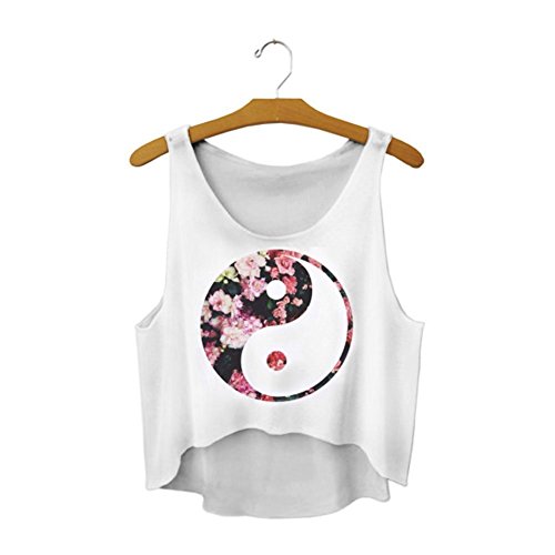 Women Fashion Chinese Symbol with Flower Print White Sleeveless Crop Top