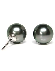 HinsonGayle AAA Handpicked Genuine French Polynesian 9.0-10.0mm Peacock Black Tahitian Cultured Pearl Stud Earrings (Solid 14K White Gold)