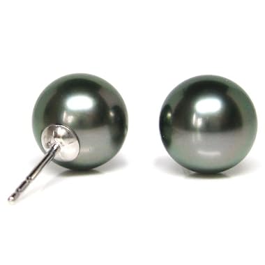HinsonGayle AAA Tahitian 9.0-10.0 mm Cultured Pearl Stud Earrings with Peacock Overtone (14K White Gold)